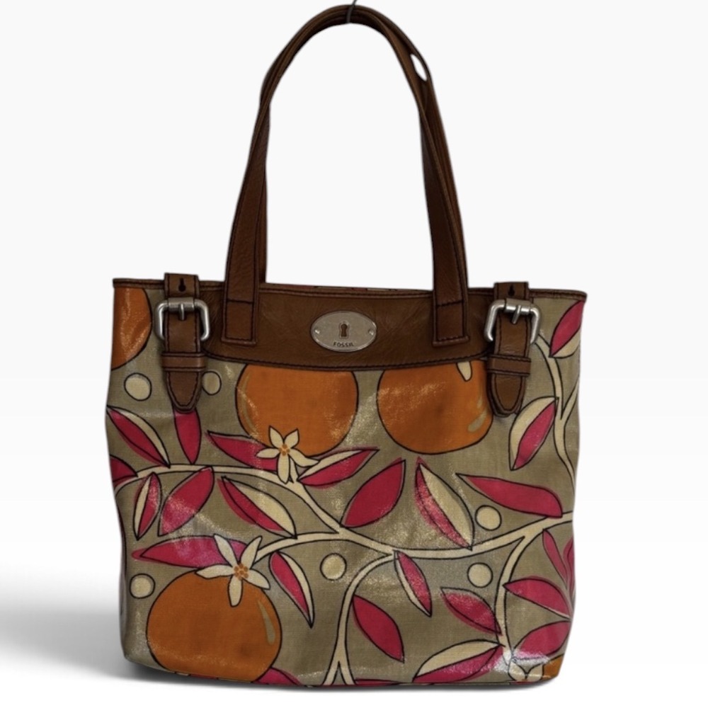 Fossil Shoulder Bag Waxed Canvas Floral Tote 11x11x5 Tan Orange Pink Key-Per